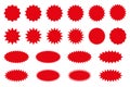 Starburst red sticker set - collection of special offer sale round and oval sunburst labels and buttons isolated on white. Royalty Free Stock Photo