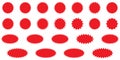 Starburst red sticker set - collection of special offer sale round and oval sunburst labels and buttons isolated. Royalty Free Stock Photo