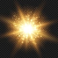 Starburst with sparkles and rays. Golden light flare effect with stars and glitter isolated on transparent background Royalty Free Stock Photo