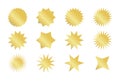 Starburst sticker set. Golden sunburst badges in different styles.