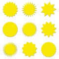 Starburst yellow sticker set - collection of special offer sale round shaped sunburst labels and badges. Royalty Free Stock Photo