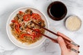 Starch rice, potato noodles with mushrooms and vegetables