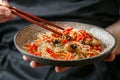 Starch rice, potato noodles with mushrooms and vegetables