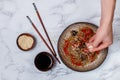 Starch rice, potato noodles with mushrooms and vegetables