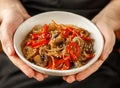 Starch rice, potato noodles with mushrooms and vegetables