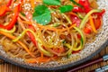 Starch rice, potato noodles with vegetables - bell peppers, carrots, cucumber, sesame seeds, cilantro and soy sauce Royalty Free Stock Photo