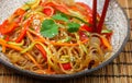 Starch rice, potato noodles with vegetables - bell peppers, carrots, cucumber, sesame seeds, cilantro and soy sauce Royalty Free Stock Photo