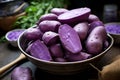 Starchy Purple sweet potatoes pile food. Generate Ai