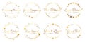 Stardust golden logo set. Shiny circle frames with stars and glowing glitter. Round border for company name