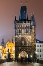 Stare Mesto Tower from the Charles Bridge at night, Prague.