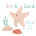Starfish baby cute print. Sweet sea animal. Vitamin sea - text slogan.