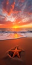 Orange Sunrise Star: Fine Art Photography Of A Sunset Beach With Starfish Royalty Free Stock Photo