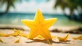 A slice of starfruit on the beach with leaves and palm trees, AI Royalty Free Stock Photo