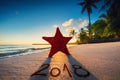 Starfish on the beach with palm trees at sunrise Royalty Free Stock Photo