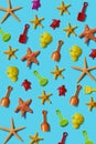 starfish and beach toys on a blue background
