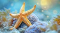 Starfish on a coral reef with bokeh background. 3d rendering Generative AI