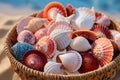 Starfish and seashell on the summer beach in sea water. Colorfull background Royalty Free Stock Photo