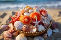 Starfish and seashell on the summer beach in sea water. Colorfull background Royalty Free Stock Photo