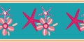 Starfish and cowrie shell vector border. Luxurious pink and aqua blue banner with gold edging. Hand drawn trio of marine