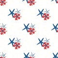 Starfish and cowrie shell vector seamless pattern background. Red and blue trios of marine creatures on white backdrop