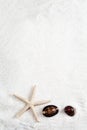 Starfish and cowrie on the white sand background Royalty Free Stock Photo