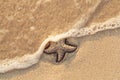 Starfish drawn on the beach sand being washed away by a wave. Foaming sea wave coming to wash a picture on wet yellow