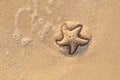 Starfish drawn on the beach sand being washed away by a wave. Foaming sea wave coming to wash a picture on wet yellow Royalty Free Stock Photo
