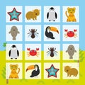 Starfish hamster Penguin leopard seal toucan crab fly Finding the Same Picture Educational game for Preschool Children. Vector Royalty Free Stock Photo