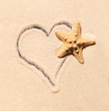 Starfish and heart drawn on sand