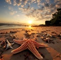 A starfish is laying on the beach with a starfish in the background with sunset view Royalty Free Stock Photo