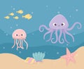 Starfish octopus jellyfish fish sand bubbles life cartoon under the sea Royalty Free Stock Photo