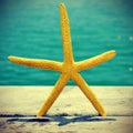 Starfish on an old wooden pier on the sea, with a retro effect Royalty Free Stock Photo