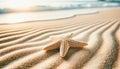 Starfish rests on the rippled sand with the ocean horizon in the background