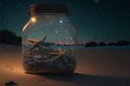 Starfish in a safe world inside a glass jar on beach