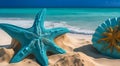 starfish on the sand beach in clear sea water. summer background