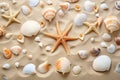 Starfish and Sea Shells on a Sandy Beach - Natural Beauty in Coastal Setting, Sandy beach with a collection of seashells and Royalty Free Stock Photo