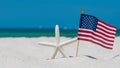 Starfish or Sea Star and American Flag. 4th of July Independence Day. Ocean Beach sand. Summer vacations.