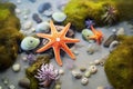 starfish with sea urchins in a shared tide pool habitat Royalty Free Stock Photo