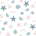 Starfish seamless pattern Summer sea star pattern, cute seashells light background. Nautical baby textile design Vector