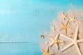 Starfish And Seashell On Sand For Summer Holidays And Travel Background.
