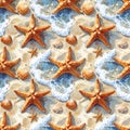 Seamless nautical pattern with starfish, shells and sea water Royalty Free Stock Photo