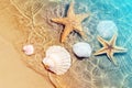 Starfish and seashell on the summer beach in sea water. Summer background. Royalty Free Stock Photo