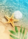 Starfish and seashell on the summer beach in sea water. Royalty Free Stock Photo