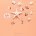 Starfish and seashells on a pastel pink background. Creative layout. Top view, flat lay. Beautiful summer beach background Royalty Free Stock Photo