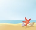 Starfish and seashells on the sand near the ocean. Summer on the beach creative illustration Royalty Free Stock Photo