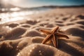 Starfish on the seashore close-up. Starfish on the sea sand at sunset. AI generated Royalty Free Stock Photo