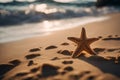 Starfish on the seashore. Starfish on sea sand at sunset close-up. AI generated Royalty Free Stock Photo