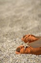 Starfish shell, sand and orange shoes