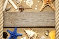 Starfish and shells on beach with empty board Royalty Free Stock Photo