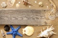 Starfish and shells on beach with empty board Royalty Free Stock Photo